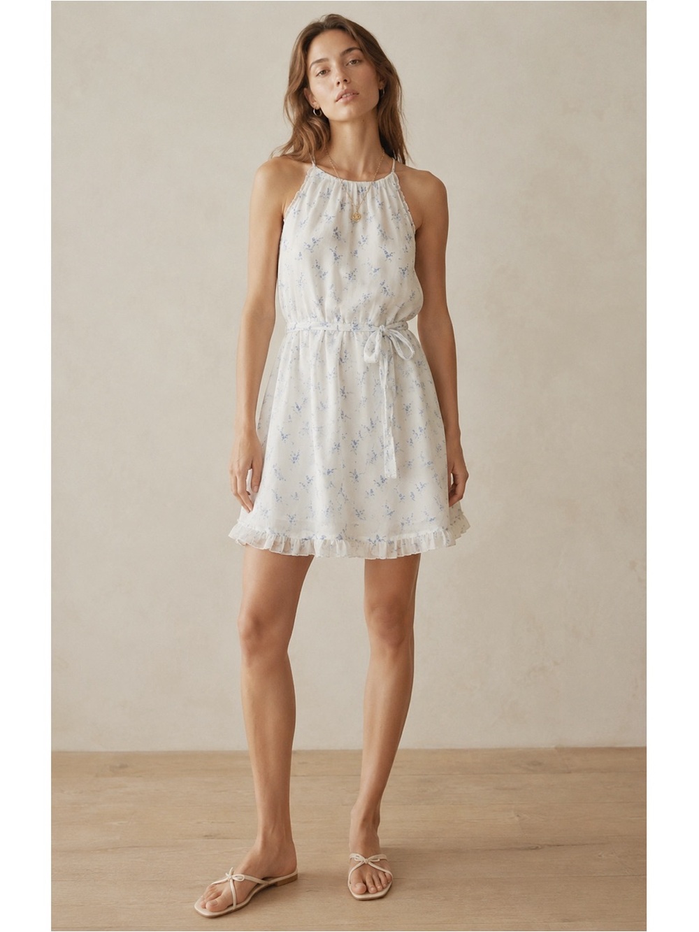 Abercrombie & Fitch Woman White Blue Dainty Floral Chiffon Halter Dress SMALL